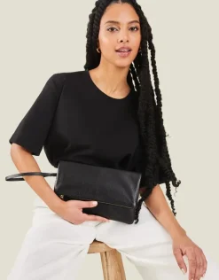 Accessorize Leather Fold-Over Clutch Bag Black