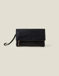 Accessorize Leather Fold-Over Clutch Bag Black