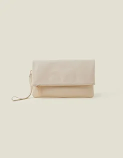 Accessorize Leather Fold-Over Clutch Bag Cream