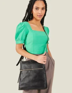 Accessorize Leather Large Messenger Bag Black