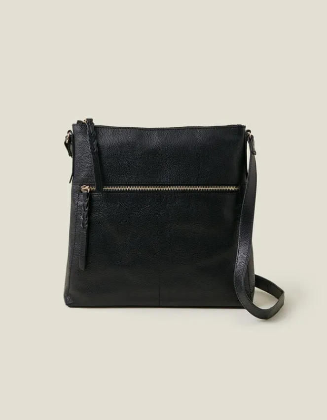 Accessorize Leather Large Messenger Bag Black