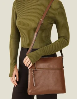 Accessorize Leather Large Messenger Bag Tan
