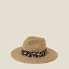 Accessorize Leopard Trim Straw Fedora Hat Natural