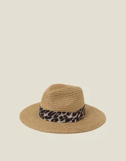 Accessorize Leopard Trim Straw Fedora Hat Natural