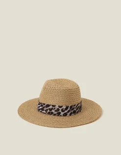 Accessorize Leopard Trim Straw Fedora Hat Natural