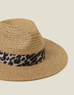 Accessorize Leopard Trim Straw Fedora Hat Natural