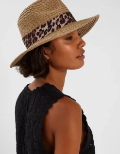 Accessorize Leopard Trim Straw Fedora Hat Natural