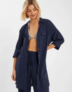 Accessorize Long Sleeve Beach Cover Up Shirt Blue