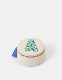 Accessorize Mini Round Initial Embellished Jewellery Box Natural