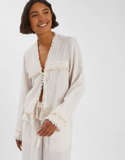 Accessorize Mirror Embellished Long Sleeve Tie Top Ivory
