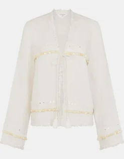 Accessorize Mirror Embellished Long Sleeve Tie Top Ivory
