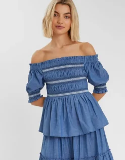 Accessorize Off-The-Shoulder Smocked Top Blue