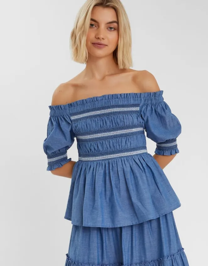 Accessorize Off-The-Shoulder Smocked Top Blue