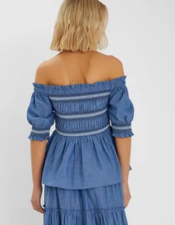 Accessorize Off-The-Shoulder Smocked Top Blue