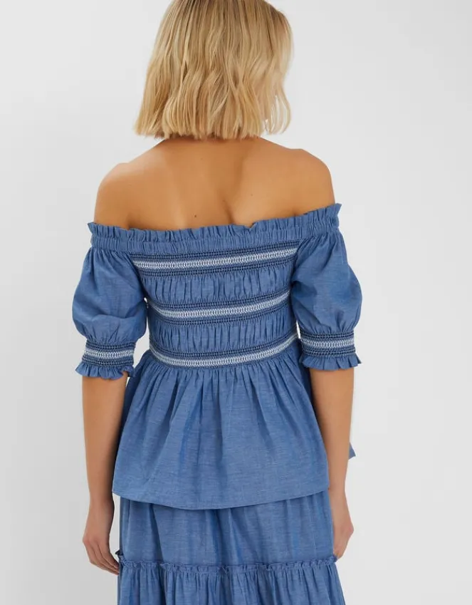 Accessorize Off-The-Shoulder Smocked Top Blue