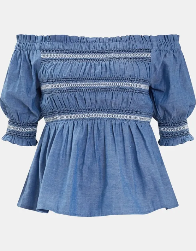 Accessorize Off-The-Shoulder Smocked Top Blue