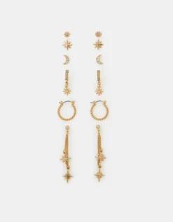 Accessorize 6-Pack Celestial Chain Stud and Hoop Earrings Gold