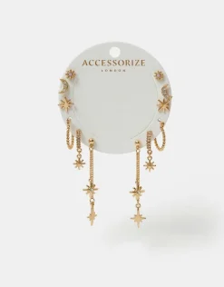 Accessorize 6-Pack Celestial Chain Stud and Hoop Earrings Gold
