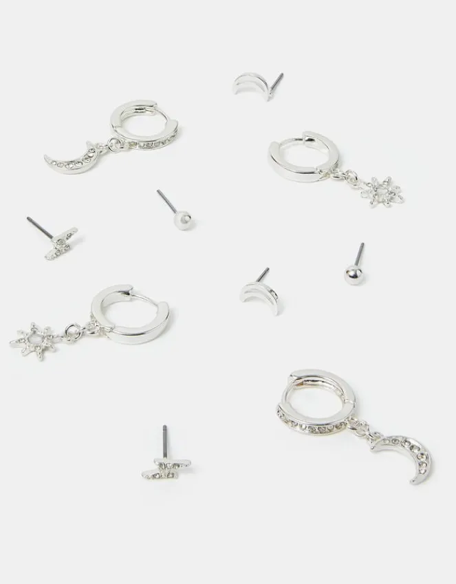 Accessorize 5-Pack Celestial Diamante Stud and Hoop Earrings Silver