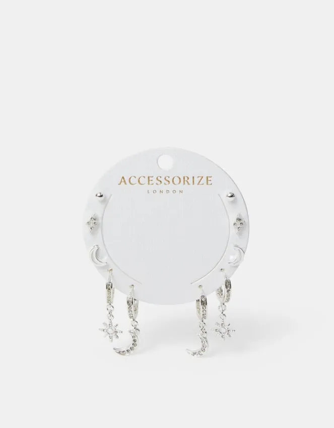 Accessorize 5-Pack Celestial Diamante Stud and Hoop Earrings Silver