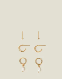 Accessorize 3-Pack 14ct Gold-Plated Pearl and Stud Hoop Earrings