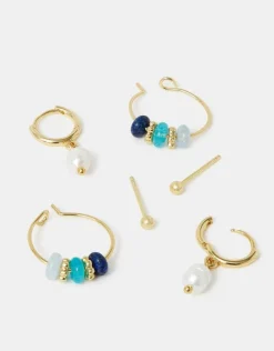 Accessorize 3-Pack 14ct Gold-Plated Stud & Pearl Hoop Earrings