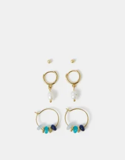 Accessorize 3-Pack 14ct Gold-Plated Stud & Pearl Hoop Earrings