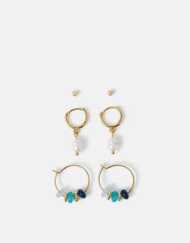 Accessorize 3-Pack 14ct Gold-Plated Stud & Pearl Hoop Earrings
