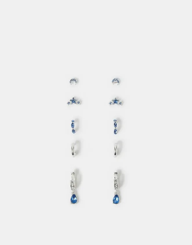 Accessorize 5-Pack Diamante Gem Stud and Hoop Earrings Silver