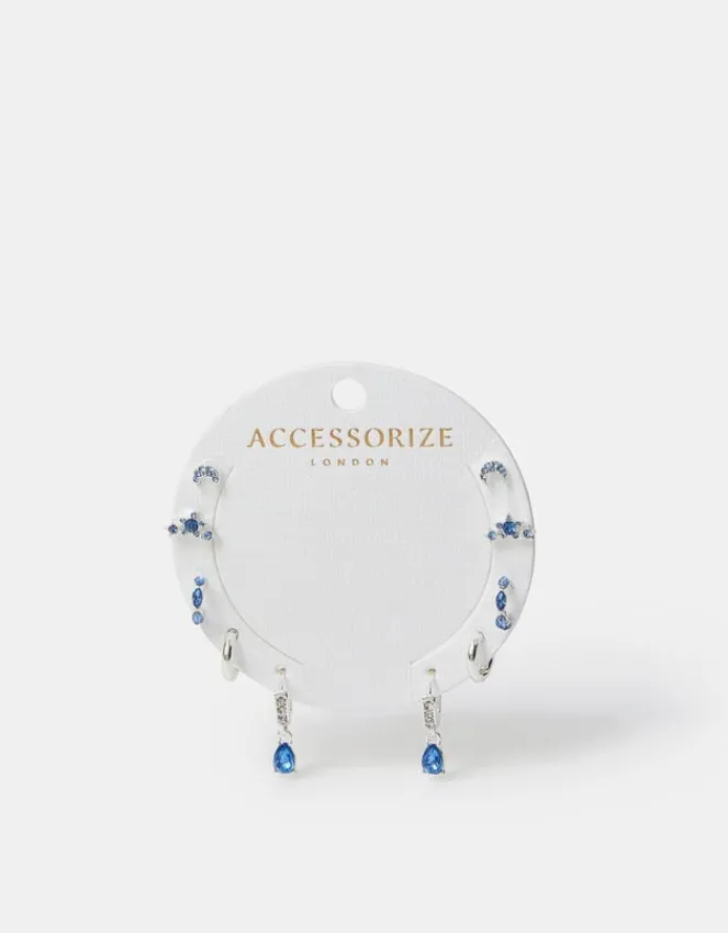 Accessorize 5-Pack Diamante Gem Stud and Hoop Earrings Silver