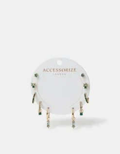 Accessorize 5-Pack Gemstone Stud and Hoop Earrings Gold