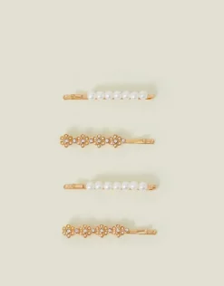 Accessorize 4-Pack Girls Pearl Diamante Flower Hair Clips
