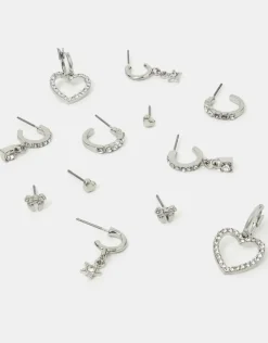 Accessorize 6-Pack Pav&eacute; Heart Stud and Hoop Earrings Silver