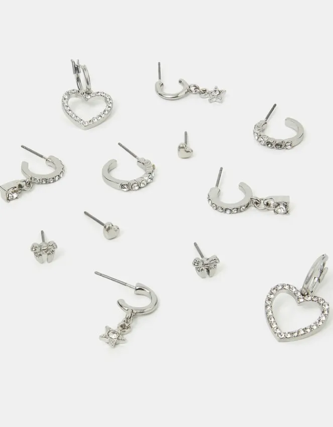 Accessorize 6-Pack Pavé Heart Stud and Hoop Earrings Silver