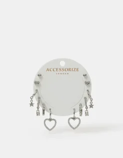 Accessorize 6-Pack Pavé Heart Stud and Hoop Earrings Silver