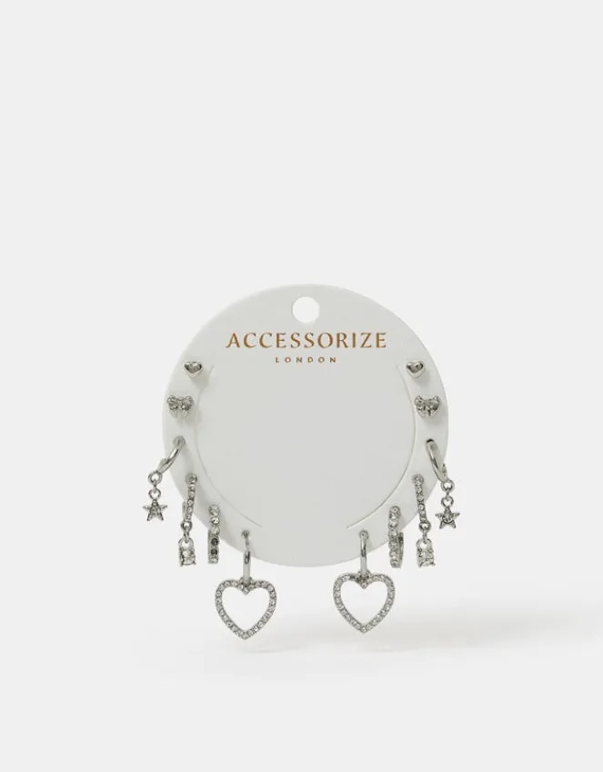 Accessorize 6-Pack Pavé Heart Stud and Hoop Earrings Silver