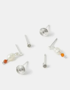 Accessorize 3-Pack Sterling Silver-Plated Stud & Pearl Drop Earrings