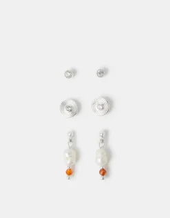 Accessorize 3-Pack Sterling Silver-Plated Stud & Pearl Drop Earrings