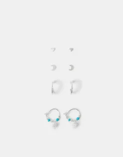 Accessorize 4-Pack Sterling Silver-Plated Celestial Stud & Hoop Earrings