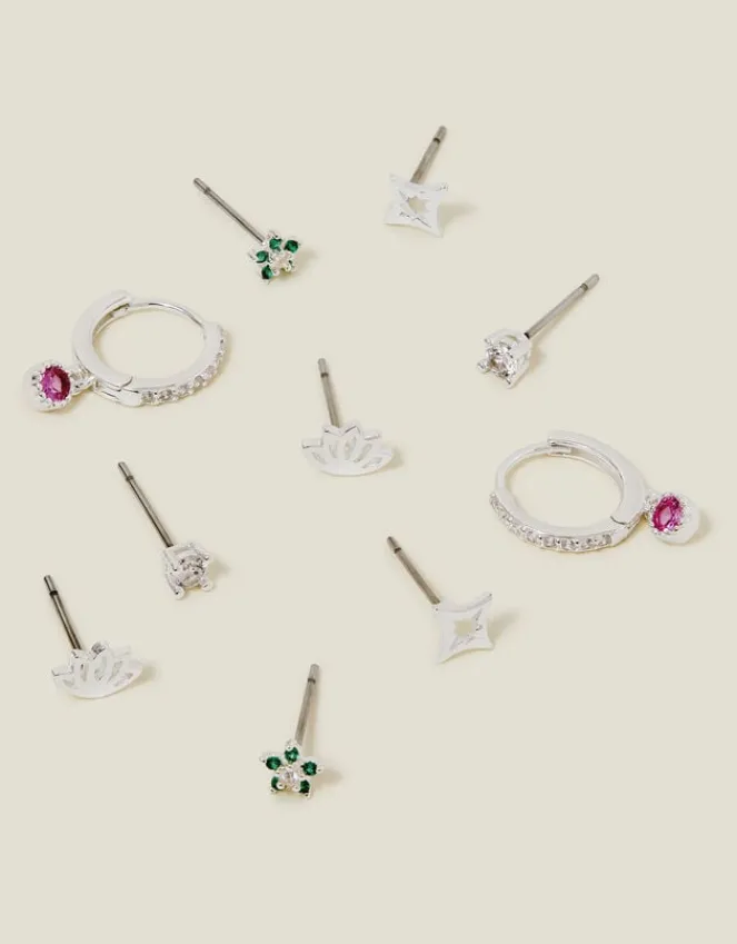 Accessorize 5-Pack Sterling Silver-Plated Sparkle Stud and Hoop Earrings