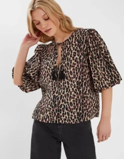 Accessorize Puff Sleeve Cotton Blouse Leopard