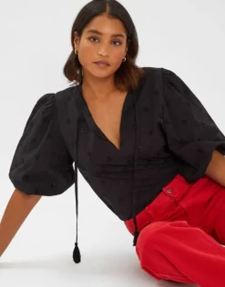 Accessorize Puff Sleeve Cotton Blouse Black