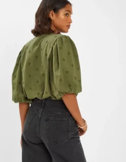 Accessorize Puff Sleeve Cotton Blouse Green