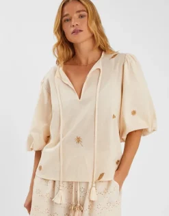 Accessorize Puff Sleeve Embroidered Top Natural
