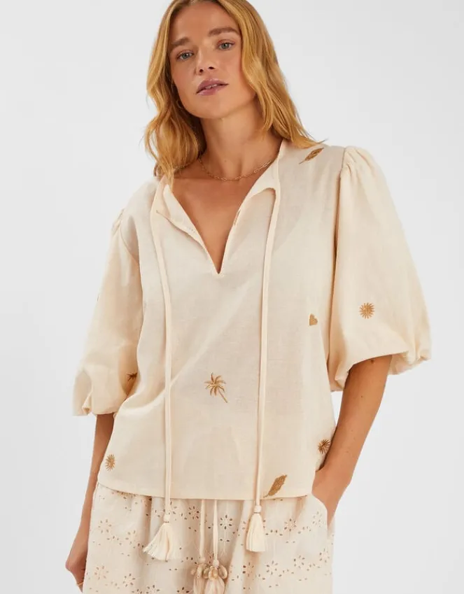 Accessorize Puff Sleeve Embroidered Top Natural