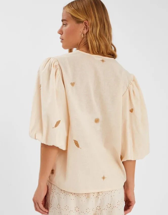 Accessorize Puff Sleeve Embroidered Top Natural