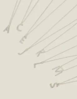 Accessorize Sterling Silver Diamante Initial Pendant Necklace White