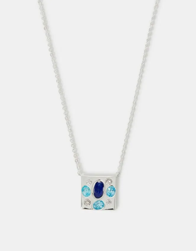 Accessorize Sterling Silver-Plated Stone Square Pendant Necklace