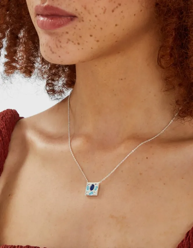 Accessorize Sterling Silver-Plated Stone Square Pendant Necklace