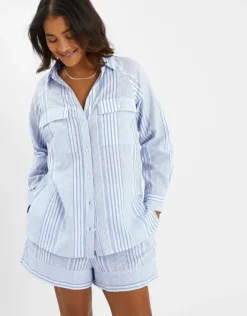 Accessorize Stripe Beach Cover Up Shirt Blue